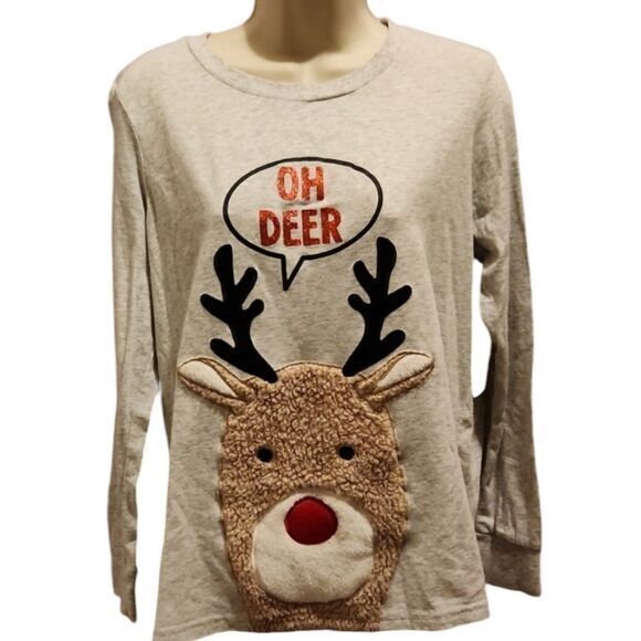 Holiday Time‎ Womens Fuzzy Reindeer "Oh Deer"  Long sleeve T-shirt 🦌 - Picture 1 of 3